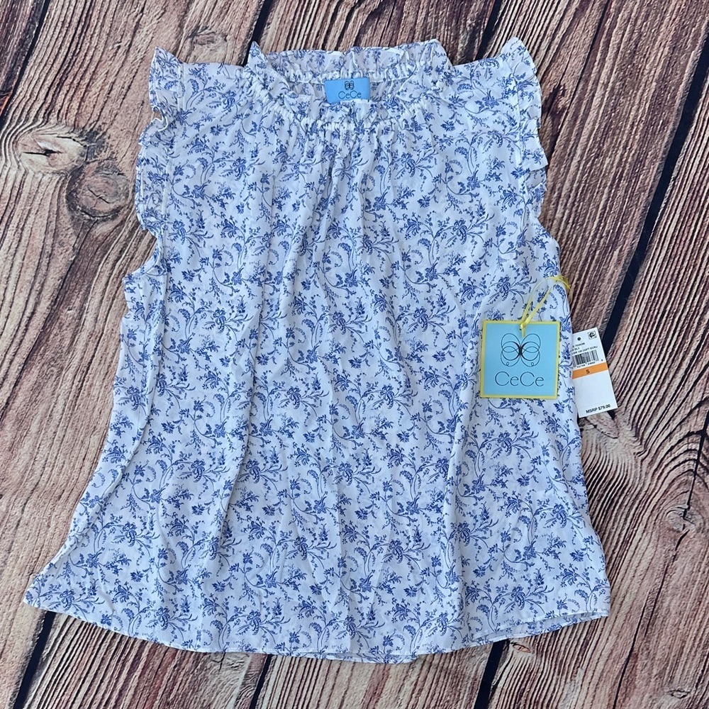 CeCe Blue and White Floral Ruffle Blouse